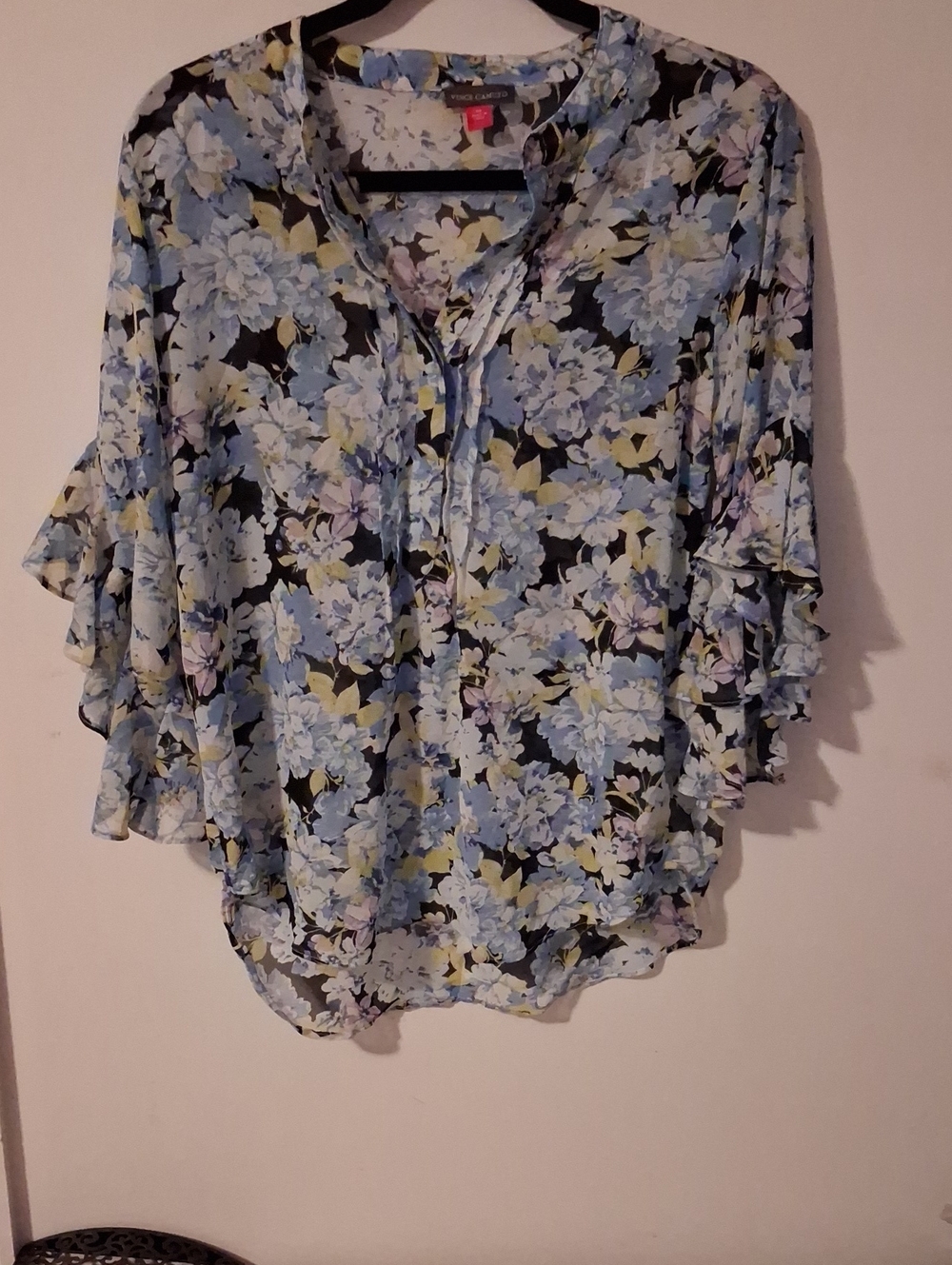 Vince Camuto Blue Floral Ruffle Sleeve Peasant Blouse
